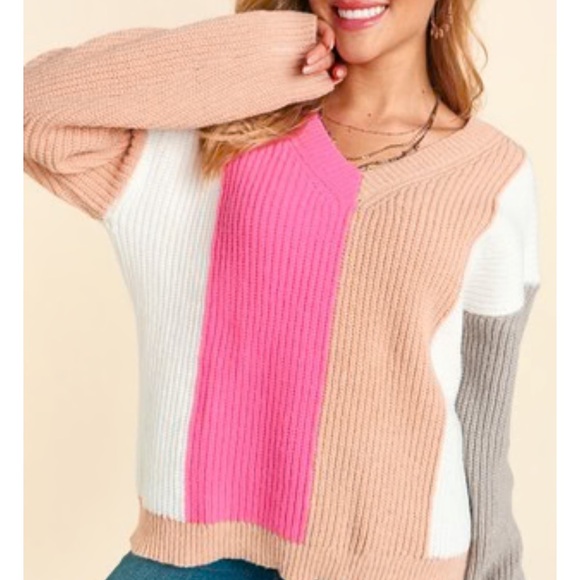 Striped Colorblock Fall V-Neck Sweater Size Small - Picture 1 of 8